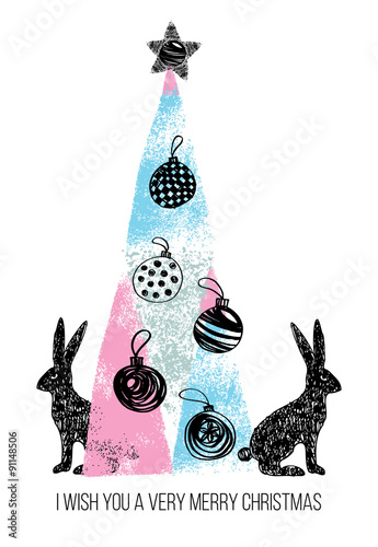 Photo Christmas tree hand drawn trendy postcard