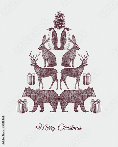 Photo Christmas tree. Hand drawn animal mirror print