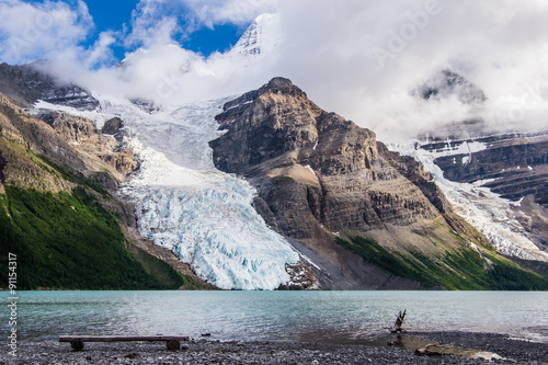 A Bench At Berg Lake With A View Of Mt Robson And Berg Glacier