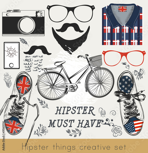 Obraz w ramie Creative vector set of hipster must haveHipster vector set of hi