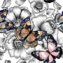 Fototapete - Vector seamless wallpaper pattern with vintage butterflies and r