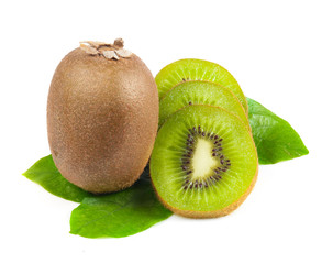 Sticker - Juicy kiwi fruit and leaves isolated on white