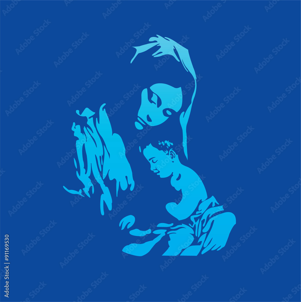 Mother Mary with Jesus Christ in blue - obrazy, fototapety, plakaty 