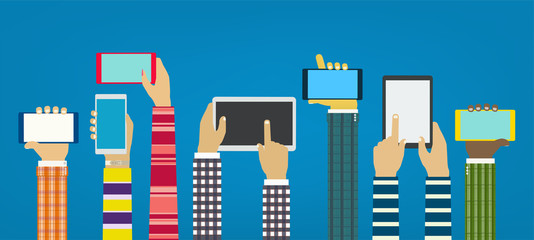 Poster - Hands with phones. Interaction hands using mobile apps. Concept