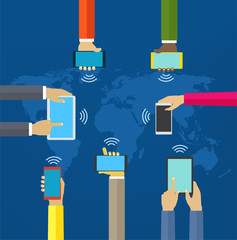Poster - Hands with phones. Interaction hands using mobile and other digi