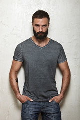 Poster - Bearded brutal guy wearing blank grey t-shirt