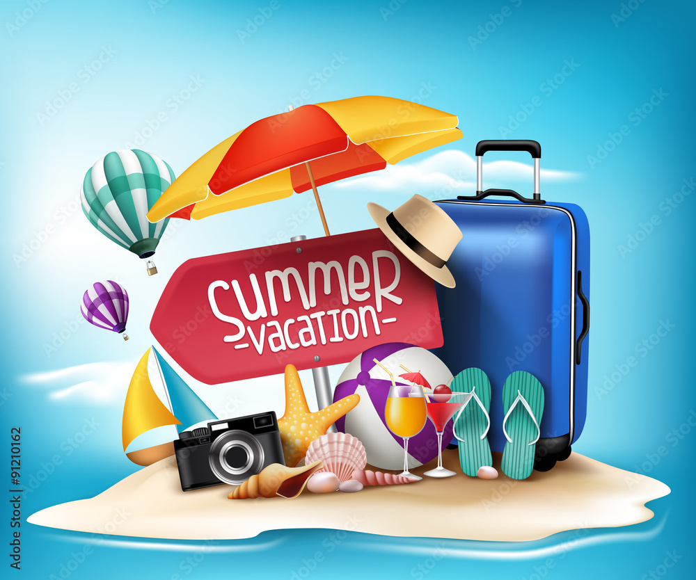 3D Realistic Summer Vacation Poster Design for Travel in a Sand Beach ...