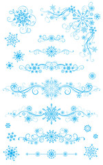 Snowflake page dividers and decorations isolated on white backgr