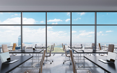 Wall Mural - Workplaces in a modern panoramic office, New York city view from the windows. Open space. White tables and brown leather chairs. A concept of financial consulting services. 3D rendering.