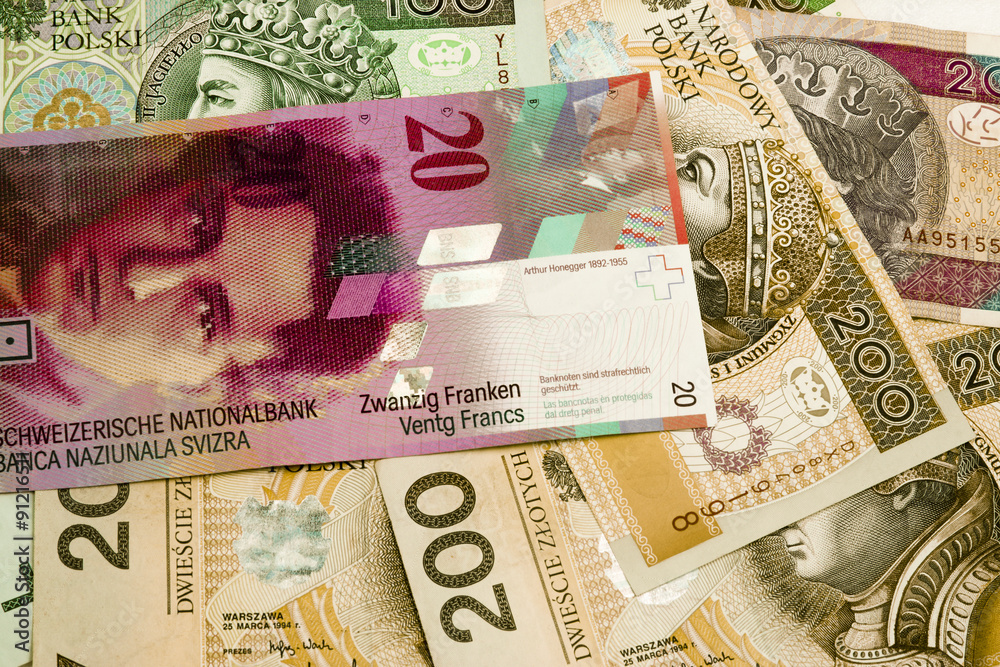 Banknoty polskie i frank szwajcarski - obrazy, fototapety, plakaty 
