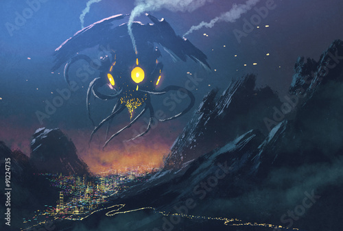 sci-fi scene.Alien ship invading night city,illustration painting плакат