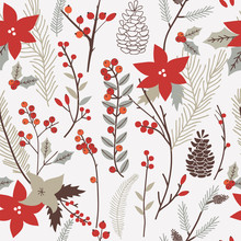 Hand Drawn Seamless Vector Pattern With Winter Flowers.
