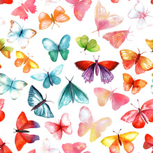 Seamless Pattern With Many Watercolouur Butterflies Of Various Colours And Shapes