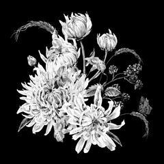 Wall Mural - Monochrome Vintage Floral Card with Chrysanthemums