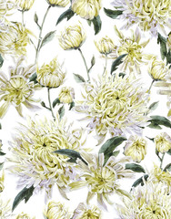 Wall Mural - Vintage Watercolor Floral Seamless Background  with Chrysanthemu