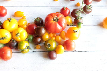 Wall Mural - verschiedene alte Tomaten sorten holztisch