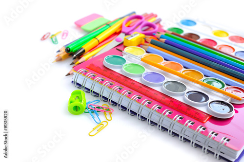 Obraz na plátně Office and student accessories on a white. Back to school concep