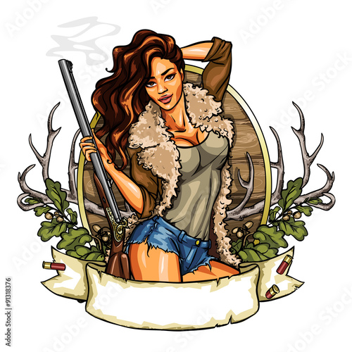 Fototapeta na wymiar Hunting label with pretty woman holding shot gun
