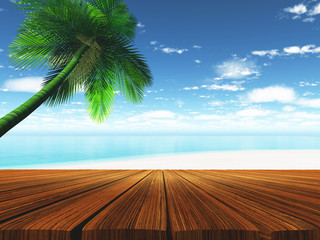 Wall Mural - 3D wooden deck with tropical beach in background