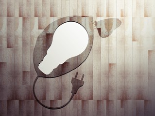 Wall Mural - Leaf wood cut light bulb on wood board background, Ecology concept