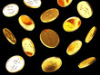 Falling golden coins isolated on black background