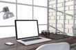 © Natalia Merzlyakova - 3D illustration laptopand work stuff on table near brick wall