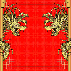 Vector illustration of a frame with a red dragon gold-colored sticker.It can be used as a poster or paper notes.