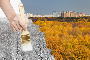 Poster - paintbrush paints snowy winter forest from autumn