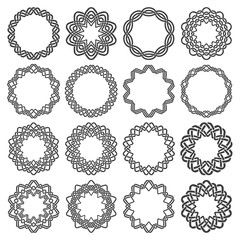 Set of magic knotting circles. Sixteen decagon decorative elements with stripes braiding for your logo or monogram frame design. Creative mandalas collection