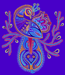 Canvas Print - ethnic folk art of peacock bird with flowering branch design,