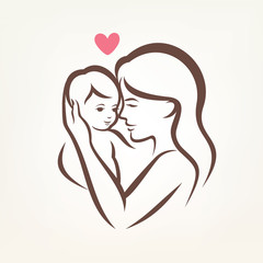 Wall Mural - mother and son stylized vector silhouette, outlined sketch of mo