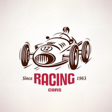 Retro Race Car, Vintage Vector Symbol, Emblem, Label Template