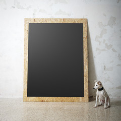 Wall Mural - Blank black wooden natural frame and little dog 