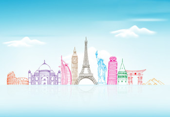 Wall Mural - Travel and Tourism Background with Famous World Landmarks in 3d Realistic and Sketch