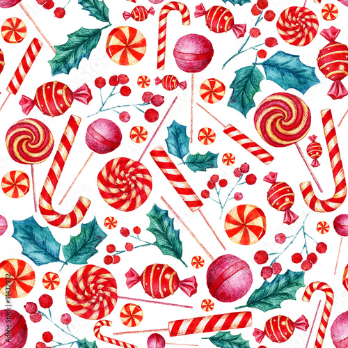 Stoffe zum Nähen Nahtlose Muster mit Bonbons. Weihnachten Hintergrund. Aquarell Bild.