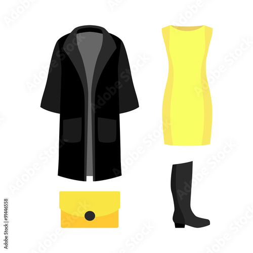 black dress with yellow accessories