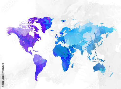 Cuadros en Lienzo Mapa del mundo acuarela de fondo ilustración vectorial