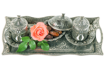 Wall Mural - Tea table setting withdates, mint leaves and rose flower