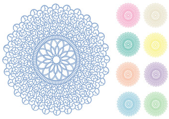 Lace Doily Place Mats, vintage filigree design pattern in nine pastel colors for setting table, holidays, crafts, scrapbooks, albums, cake decorating. 