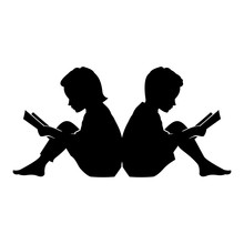 Little Kid And Girl Read A Book Vector Silhouette