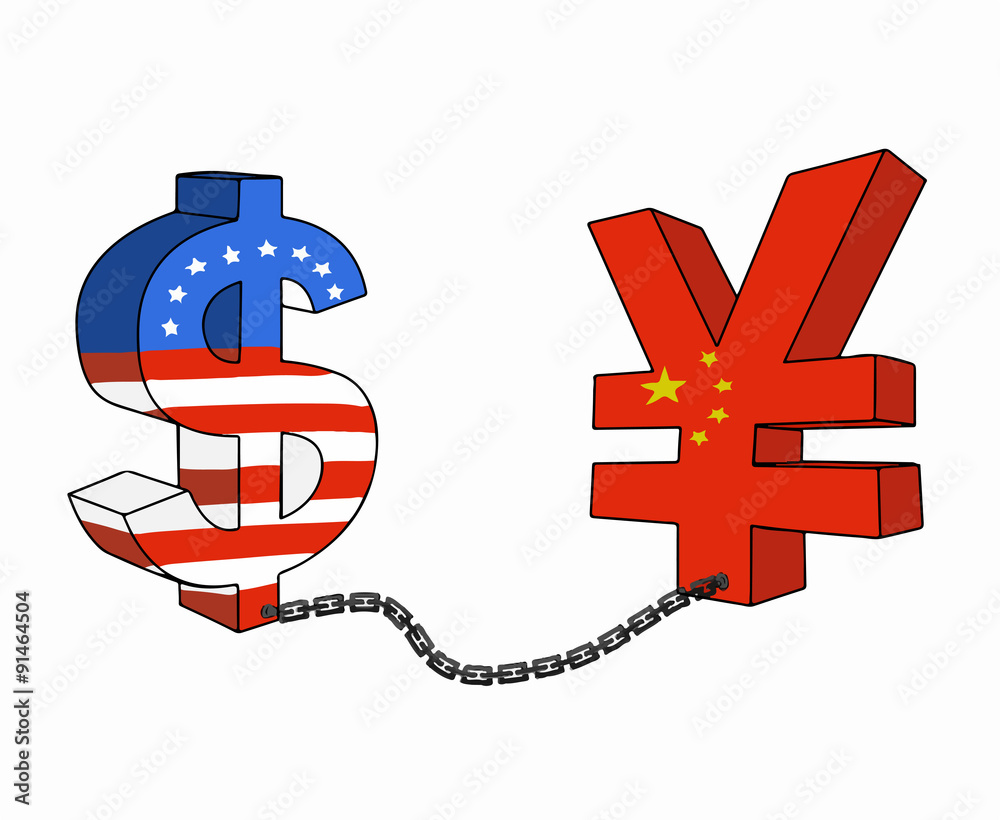 Us dollar and chinese yuan currency in world finance situation while USD  and Yuan pull each other down, this is cartoon illustration 素材庫向量圖| Adobe  Stock