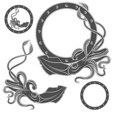 Set Of Black And White Illustrations With Squid On A White Background 
