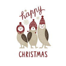 Happy Christmas Card, Three Cute Owls