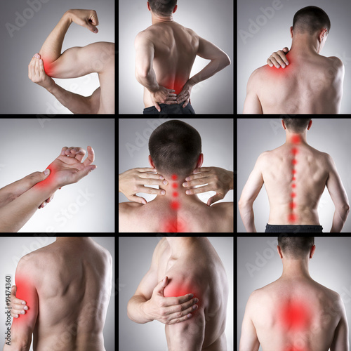 Fotografía Pain in a man's body. Collage of several photos with red dots
