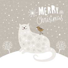 Cute Big Cat And Little Bird, Christmas Vector Illustration, Christmas Card