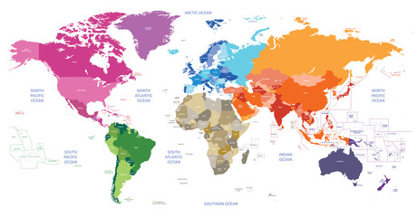 Wall Mural - world map colored by continents. high detailed vector illustration