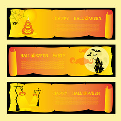 Set banners halloween party with pumkins, spider, bats, lamps