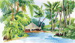 Tropical watercolor beach with palm trees and hut vector