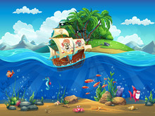 Cartoon Underwater World With Fish, Plants, Island And Ship
