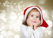 Funny Child Dressed Santa Hat, On Golden Bokeh Background